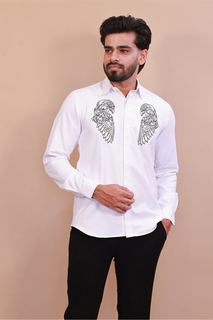 White Shirt with Intricate White Eagle Embroidery – Classic Embroidered Shirt for Men