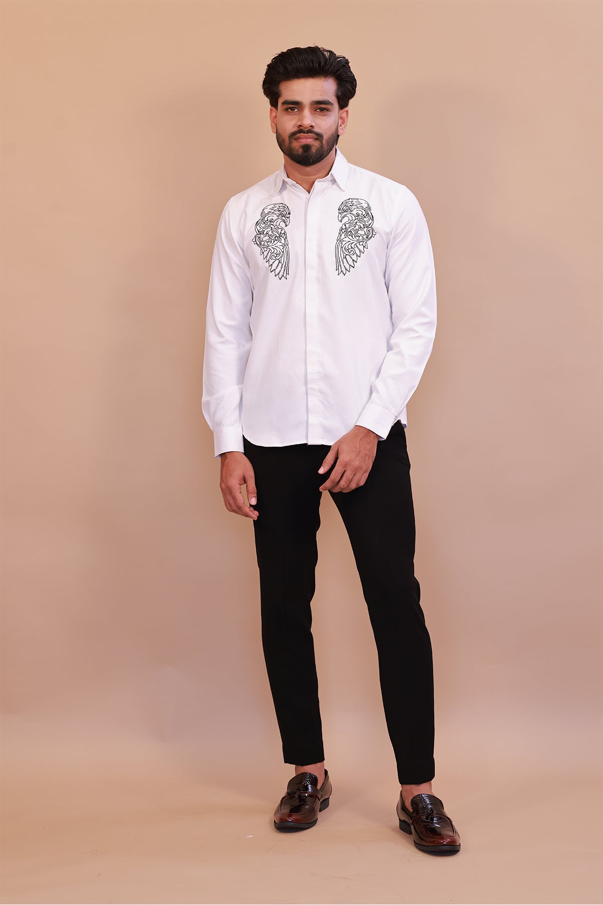 White Shirt with Intricate White Eagle Embroidery – Classic Embroidered Shirt for Men