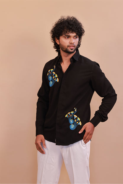 Men’s Black Embroidered Floral Shirt