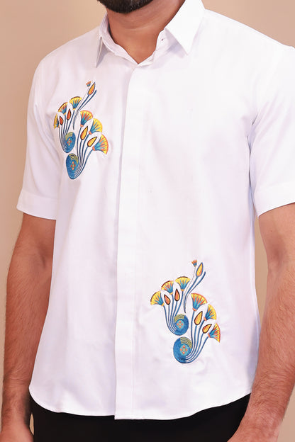 Men’s White  Embroidered Floral Shirt
