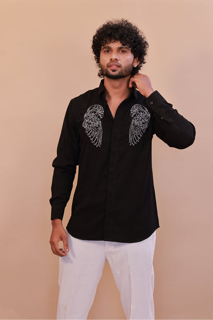 Black Shirt with Intricate White Eagle Embroidery – Classic Embroidered Shirt for Men
