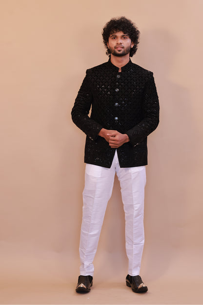 Black Velvet Jodhpuri Coat with Embroidered Self-Thread Design