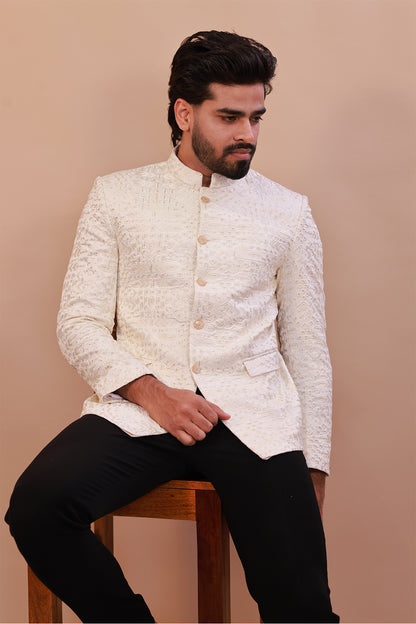 Men’s White Jodhpuri Suit with Intricate Self Embroidery – Perfect for Weddings