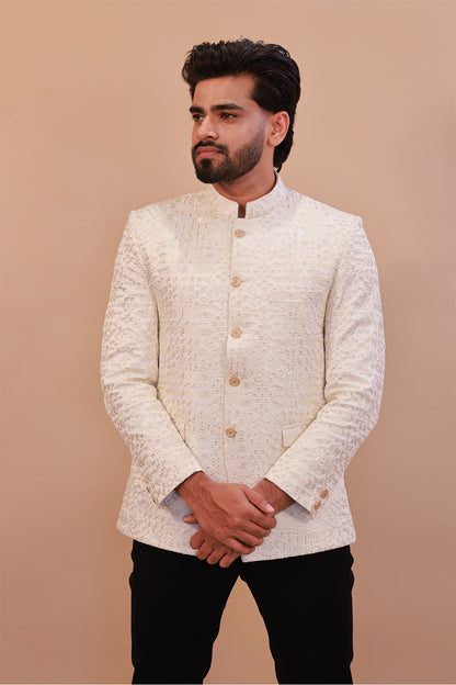 Men’s White Jodhpuri Suit with Intricate Self Embroidery – Perfect for Weddings