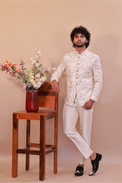 Men’s Whitefloral  Jodhpuri Suit with Intricate Self Embroidery – Perfect for Weddings