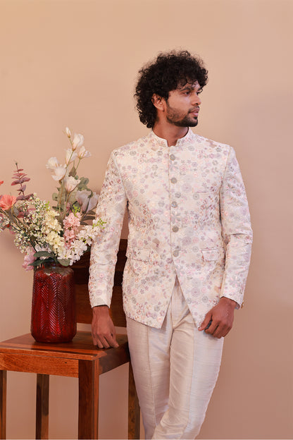 Men’s Whitefloral  Jodhpuri Suit with Intricate Self Embroidery – Perfect for Weddings