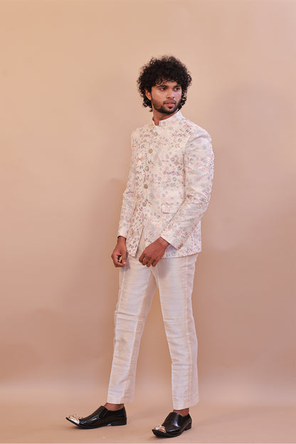 Men’s Whitefloral  Jodhpuri Suit with Intricate Self Embroidery – Perfect for Weddings