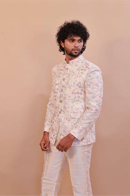 Men’s Whitefloral  Jodhpuri Suit with Intricate Self Embroidery – Perfect for Weddings
