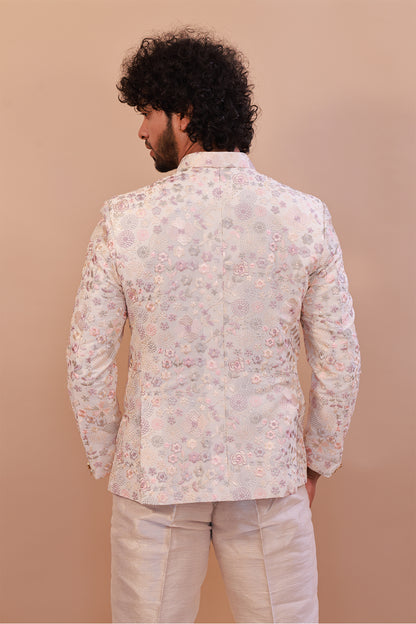 Men’s Whitefloral  Jodhpuri Suit with Intricate Self Embroidery – Perfect for Weddings