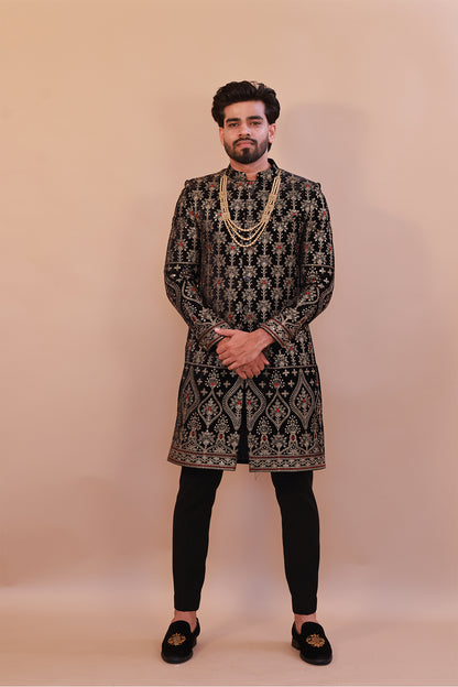 Majestic Black Velvet Sherwani with Traditional Gold Embroidery