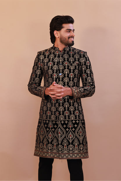 Majestic Black Velvet Sherwani with Traditional Gold Embroidery