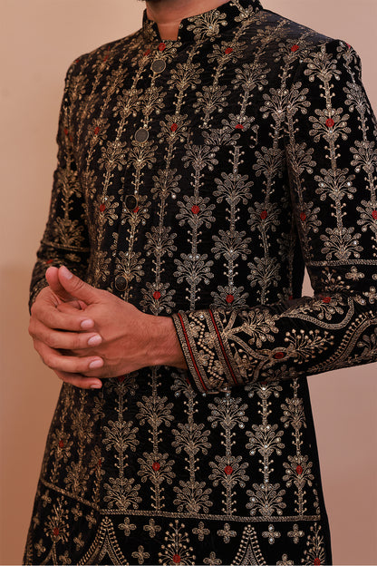Majestic Black Velvet Sherwani with Traditional Gold Embroidery