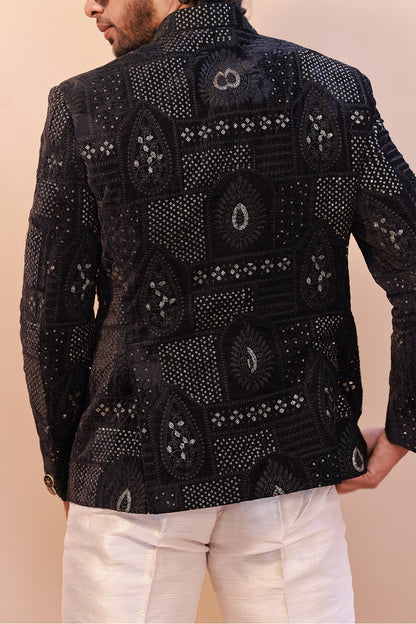 Royal Black Velvet Jodhpuri Jacket with Embroidered Details