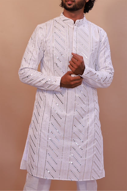 Men's White Malai Kurta with Sequence Self-Work & Stylish Pant