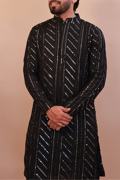 Men's Black Malai Kurta with Sequence Self-Work & Stylish Pant