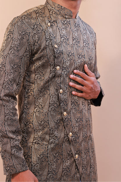 Glamour in Black: Brocade Semi Sherwani for Weddings