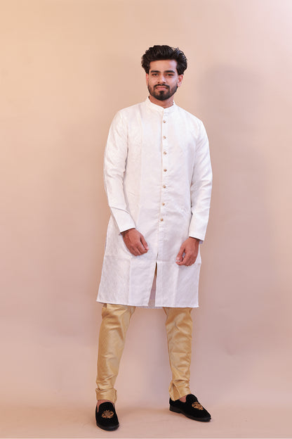 White Semi-Sherwani in Jacquard Brocade - Indian Wedding Collection