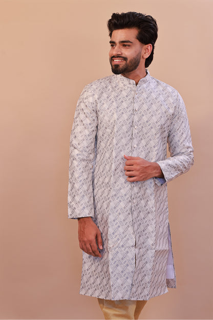 Stylish Grey Jacquard Brocade Semi-Sherwani for Weddings and Festive Events