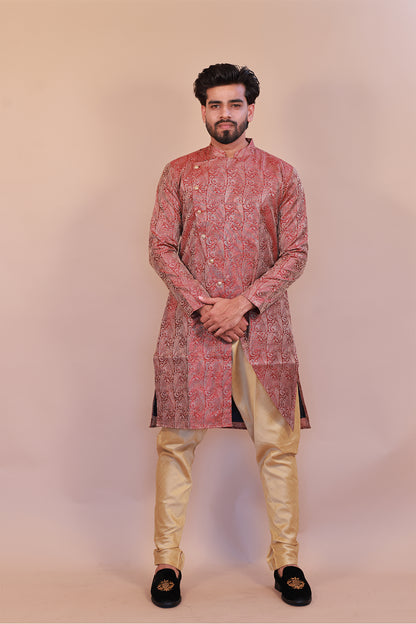 Stylish Indo Western Maroon Brocade Sherwani – Semi Sherwani for Men