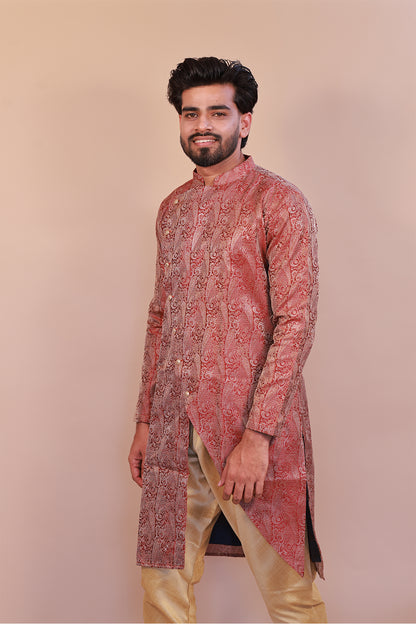 Stylish Indo Western Maroon Brocade Sherwani – Semi Sherwani for Men