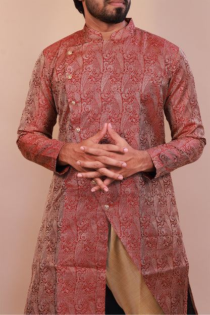 Stylish Indo Western Maroon Brocade Sherwani – Semi Sherwani for Men