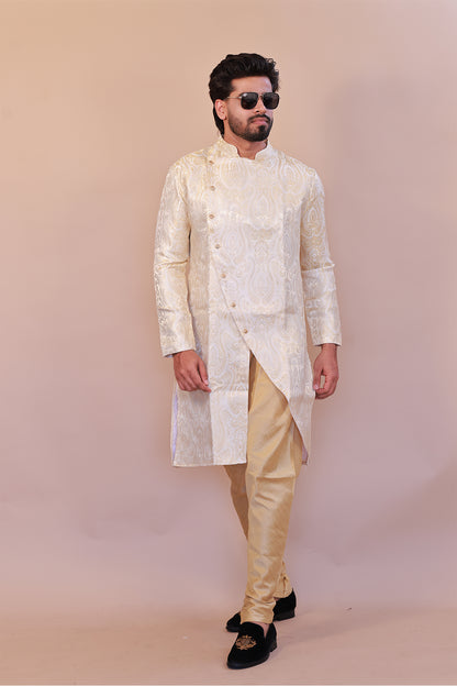 Luxury Brocade Cream Semi Sherwani for Weddings – Indo-Western Fusion