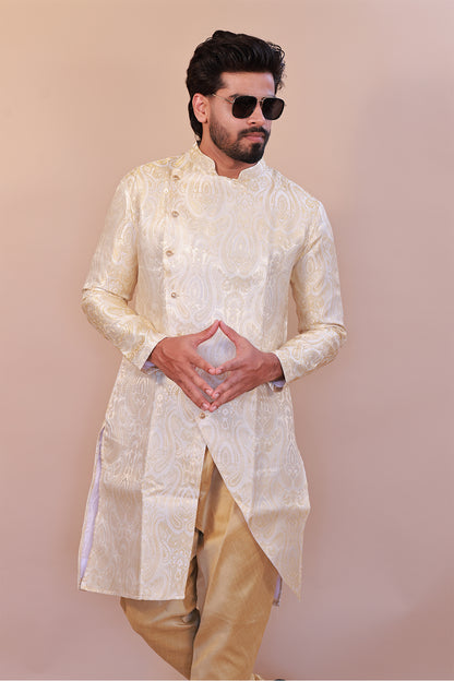 Luxury Brocade Cream Semi Sherwani for Weddings – Indo-Western Fusion