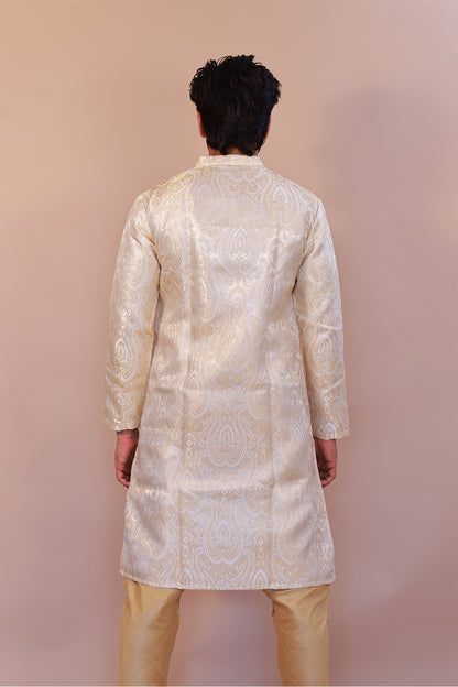 Luxury Brocade Cream Semi Sherwani for Weddings – Indo-Western Fusion