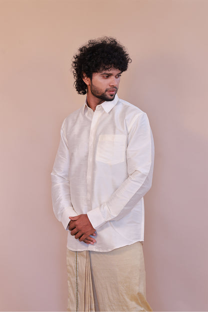 Men's White  Dupion Silk Shirt - Full Sleeve Classic Wedding Collection