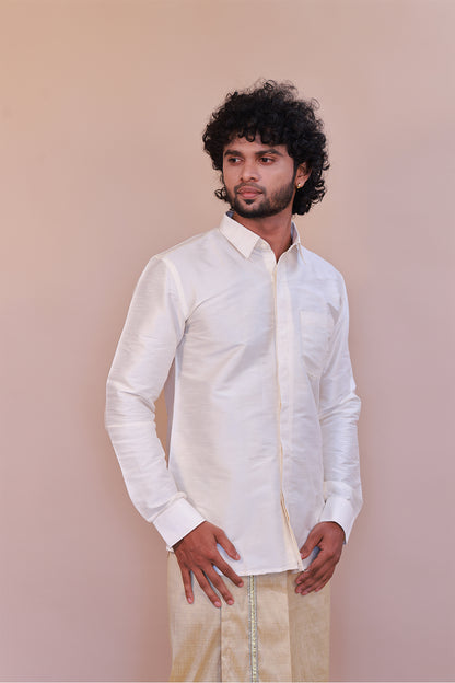 Men's White  Dupion Silk Shirt - Full Sleeve Classic Wedding Collection