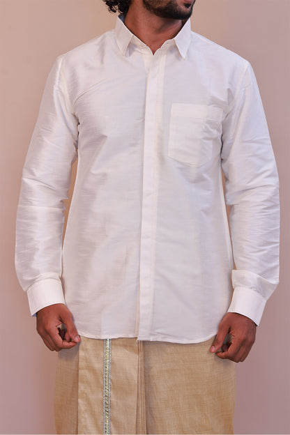 Men's White  Dupion Silk Shirt - Full Sleeve Classic Wedding Collection