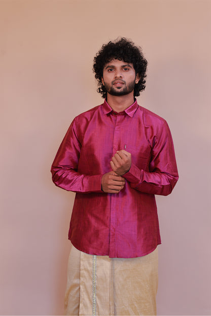Men's Purple Full-Sleeve  Silk Shirt - Luxury traditional Wear
