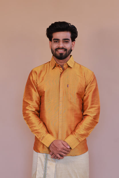Men's Yellow Full-Sleeve  Silk Shirt - Luxury traditional Wear