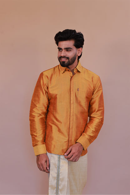 Men's Yellow Full-Sleeve  Silk Shirt - Luxury traditional Wear