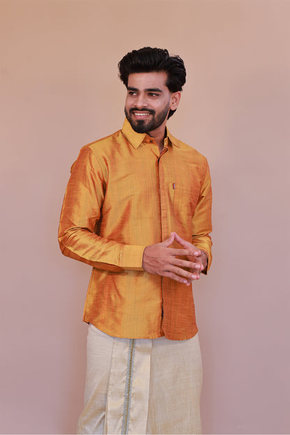 Men's Yellow Full-Sleeve  Silk Shirt - Luxury traditional Wear