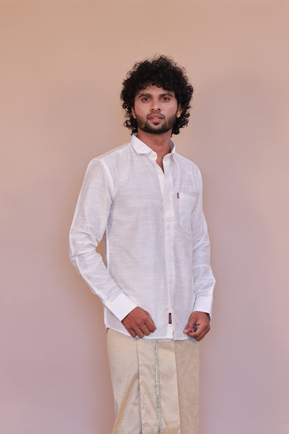 Men's White Slub  Cotton Shirt - Full Sleeve Classic Formal Attire