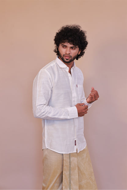 Men's White Slub  Cotton Shirt - Full Sleeve Classic Formal Attire