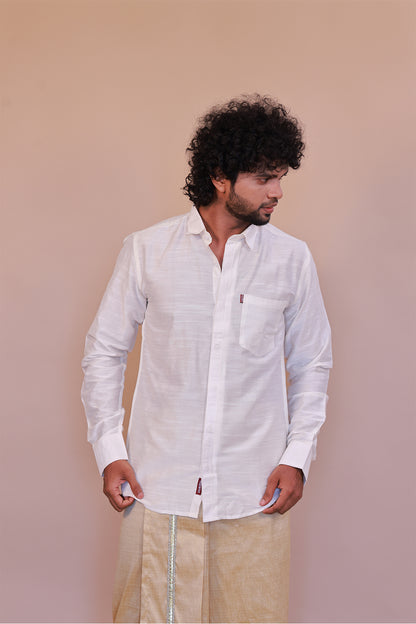 Men's White Slub  Cotton Shirt - Full Sleeve Classic Formal Attire