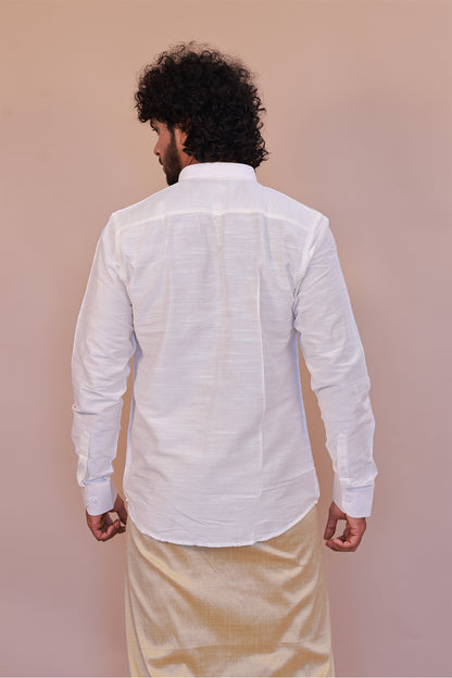 Men's White Slub  Cotton Shirt - Full Sleeve Classic Formal Attire