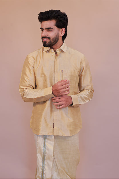 Men's Gold 2 Slub Zara Silk Shirt - Full Sleeve Luxury Traditional  Wear