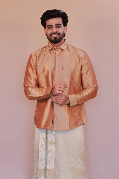 Men's Orange Full-Sleeve  Silk Shirt - Luxury traditional Wear