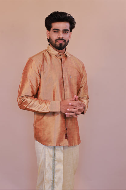 Men's Orange Full-Sleeve  Silk Shirt - Luxury traditional Wear