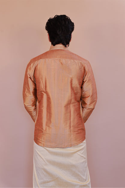 Men's Orange Full-Sleeve  Silk Shirt - Luxury traditional Wear