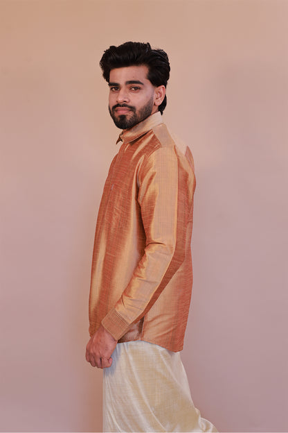 Men's Orange Full-Sleeve  Silk Shirt - Luxury traditional Wear