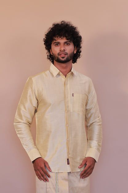 Men's Cream  Dupion Silk Shirt - Full Sleeve Elegant Ethnic Wear