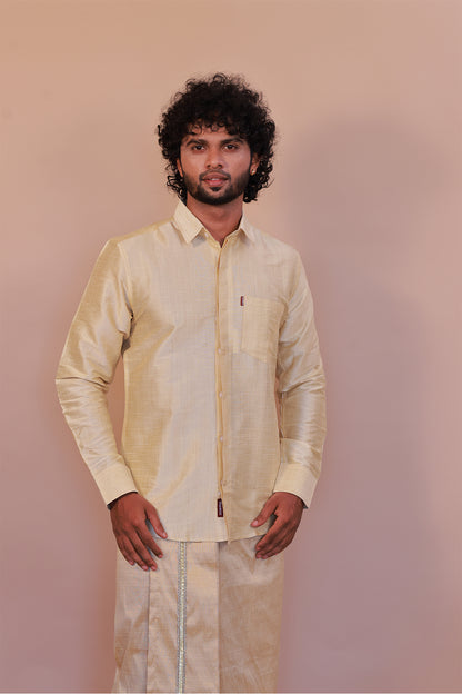 Men's Cream  Dupion Silk Shirt - Full Sleeve Elegant Ethnic Wear