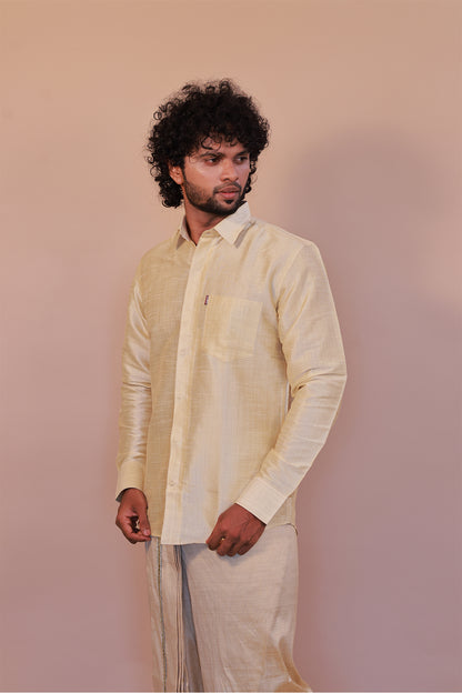 Men's Cream  Dupion Silk Shirt - Full Sleeve Elegant Ethnic Wear