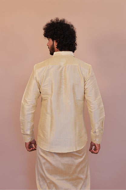Men's Cream  Dupion Silk Shirt - Full Sleeve Elegant Ethnic Wear