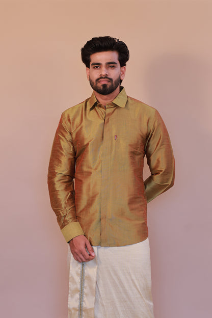 Men's Green Full-Sleeve  Silk Shirt - Luxury traditional Wear