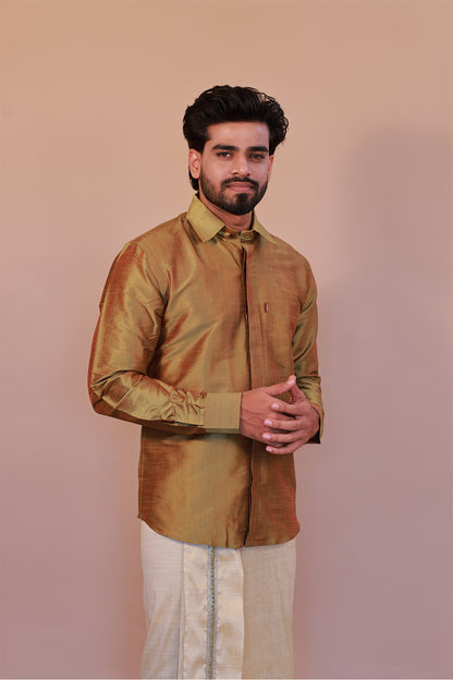 Men's Green Full-Sleeve  Silk Shirt - Luxury traditional Wear